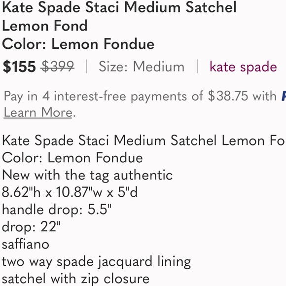 ♥️♣️ KATE SPADE ♠️♥️ STACI MEDIUM SATCHEL LEMON FOND🍋 - Picture 12 of 12